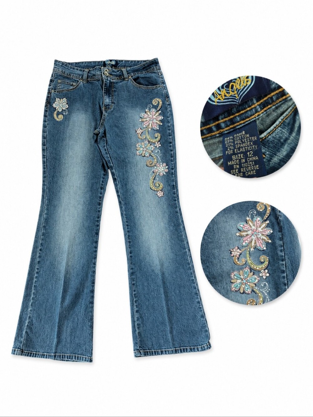 T2k Vtg Angels Jeans Floral Rhinestone Embellishrd Denim Flare Pants Boho Sz 12